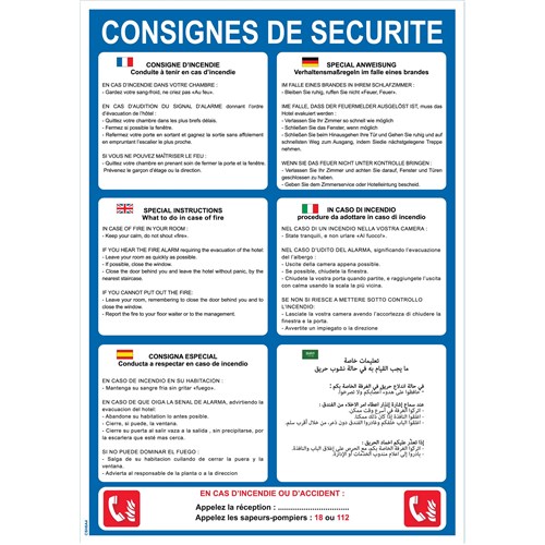 Consignes de sécurité 6 langues - PVC A4